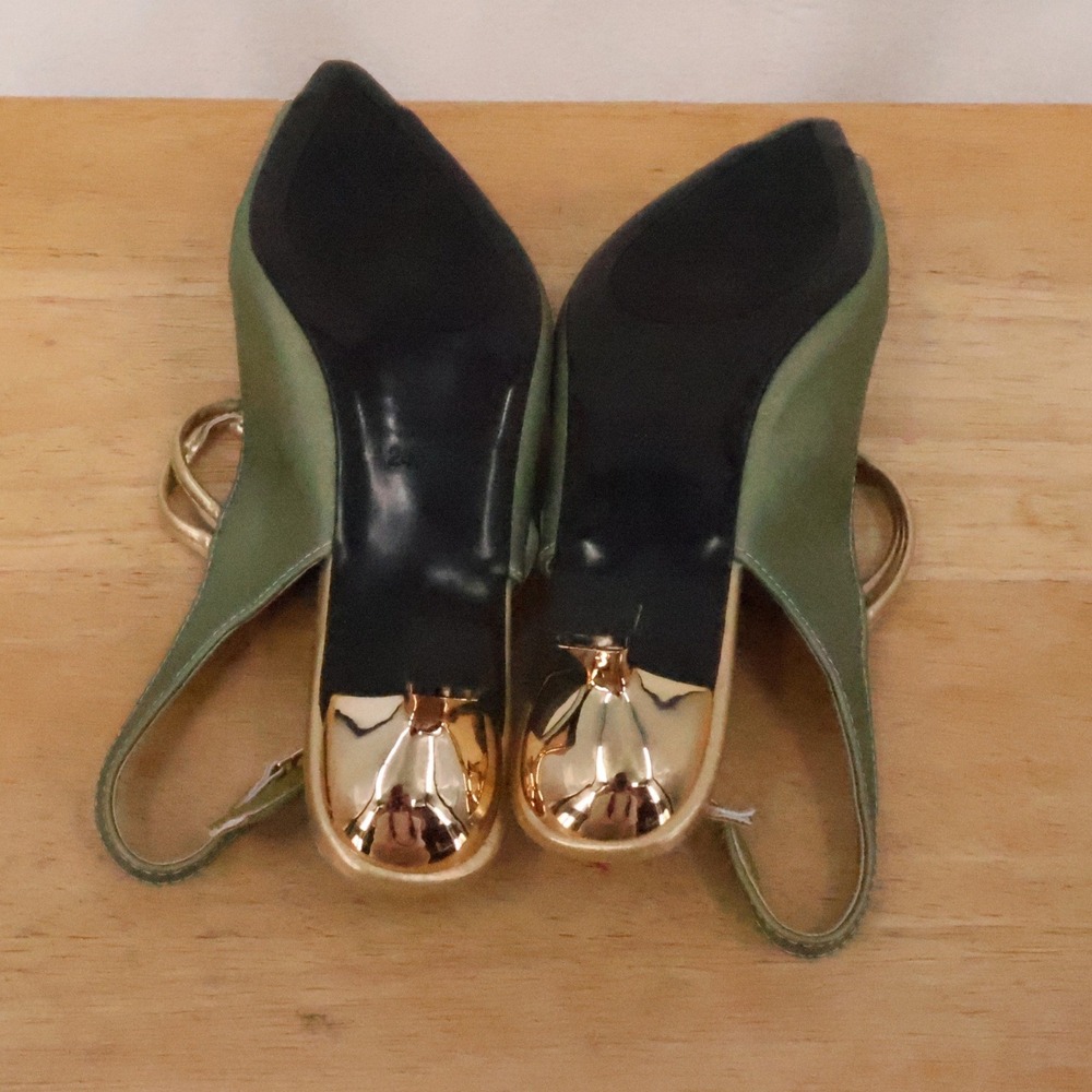 Sage Green Gold Slingback Kitten Heel Womens Size 8.5 Regency Victorian Costume - Picture 4 of 14